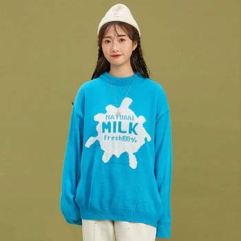 

New Autumn Sweater Cotton Women 2019 Harajuku Milk Embroidered Blue Sweater Loose Round Neck Vintage Cartoon Sweater Female