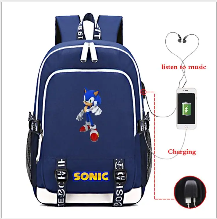 Sonic рюкзак с ежом с usb зарядным портом и замком и разъемом для наушников для студентов колледжа школьные сумки - Цвет: as pictures