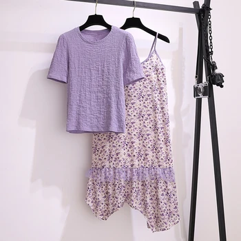 

Korean Sweet Two Piece Set Women Dress Suit Women Solid Top & Irregular Sexy V Neck Floral Print Sling Dress Set 2 Piece Set