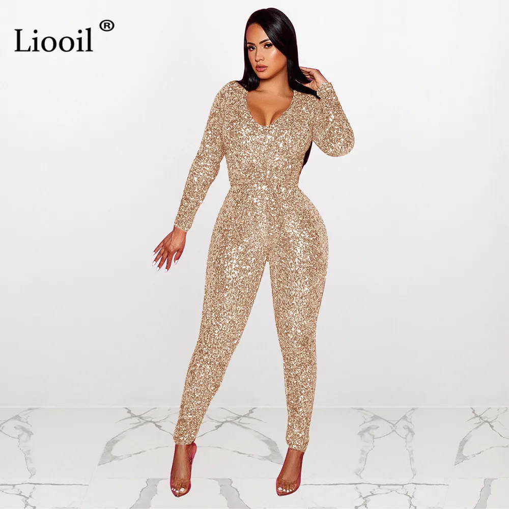 Золотой Liooil Gold Silver Sequin Sexy Tight Jumpsuits For Women Long Sleeve V Neck Belt Tight Party Club Rompers Bodycon Jumpsuit - Цвет: Золотой