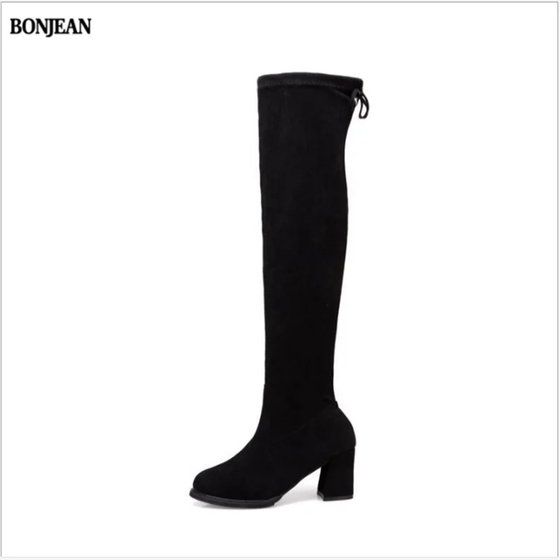 Winter Chunky Heels Boots Women Buckle Round Toe Zip Fashion Female Motorcycle Flock Platform Shoes 2019 Black | Обувь