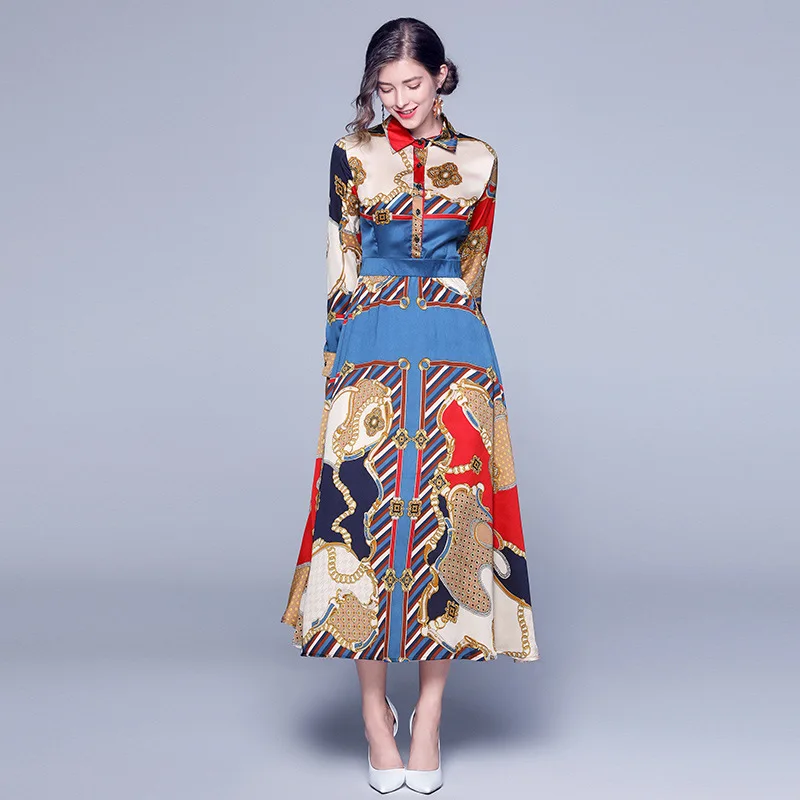 

Ozhouzhan 2019 Autumn New Products Europe And America Fashion Slim Fit Printed Dress Fold-down Collar Versatile Dress