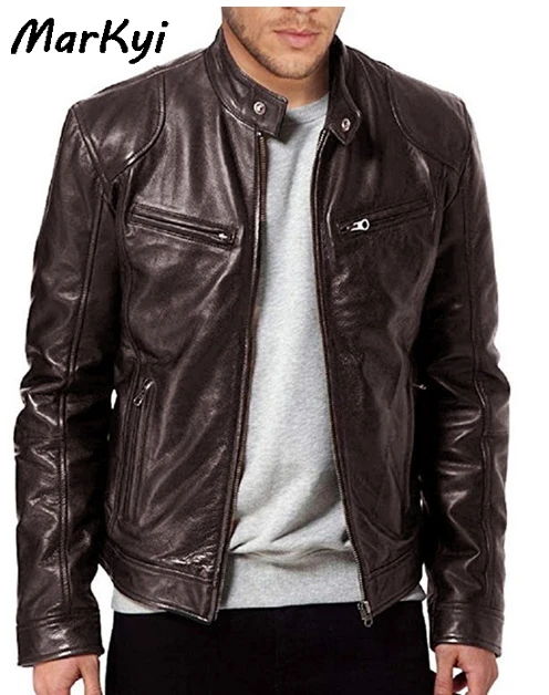 

MarKyi 2020 New Brand Mens Leather Jackets Motorcycle Stand Collar Zipper Pockets Male US Size PU Coats
