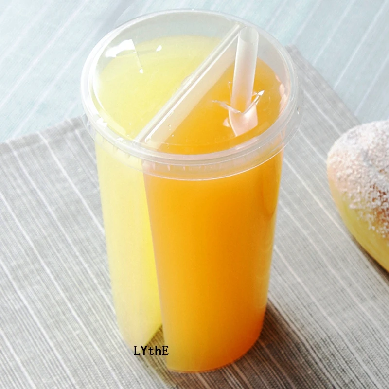 10Pcs/lot Disposable Plastic Cups Creative Bubble Tea Drinking Cup with Lids 700ml Double Grid Thicken Smoothie Cup for Dinks