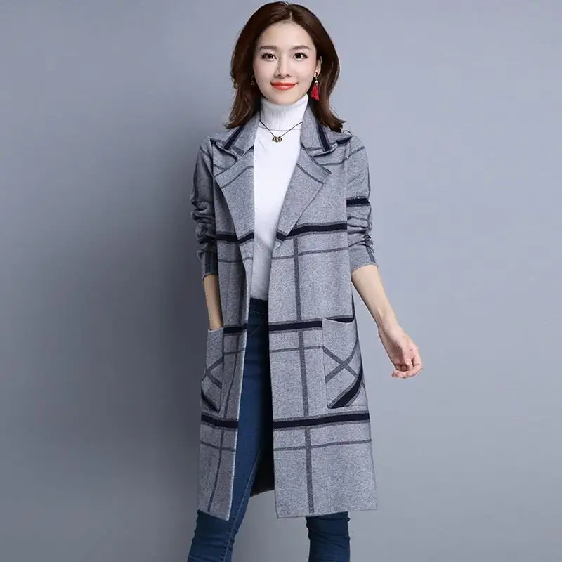 

2019 Spring Autumn New Korean Color Matching long Sweaters Women Cardigan Plaid Coat Female loose Large size Sweater Open stitch