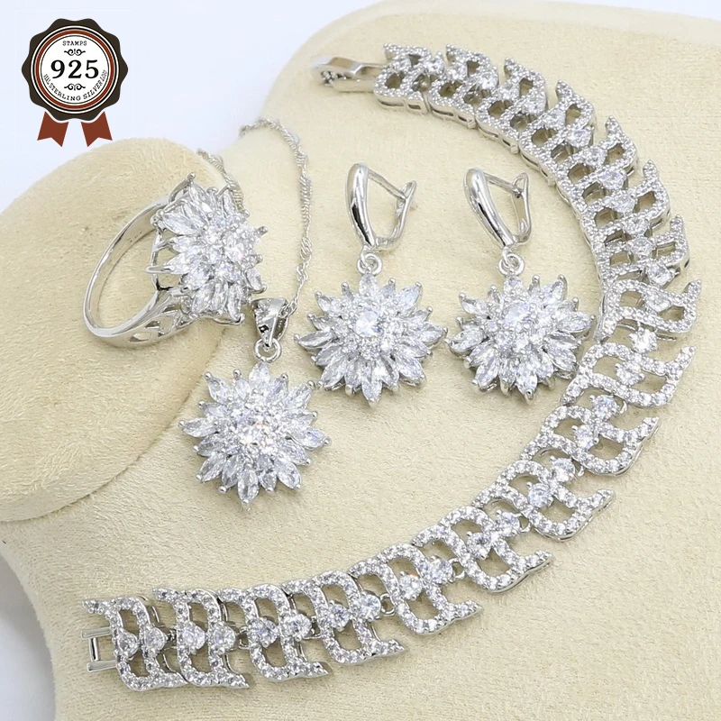 Цветок форма белый циркон набор украшений из серебра 925-й пробы для женщин с браслет серьги ожерелье кулон кольцо подарок для свадьбы дня рождения