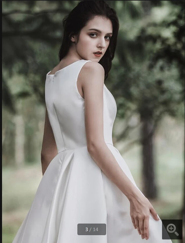 

Vintage A-line Satin Tea Length Short Wedding Dresses petite's girls Bateau Neck Sleeveless Informal Bridal Gowns best selling