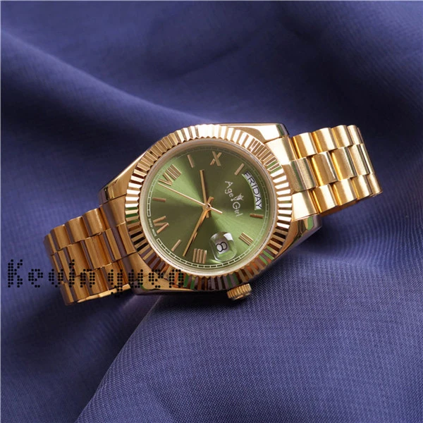 Gold Green Часы DAYDATE из желтого розового золота для мужчин и женщин, роскошные часы, автоматические механические часы с черным циферблатом - Цвет: Gold Green