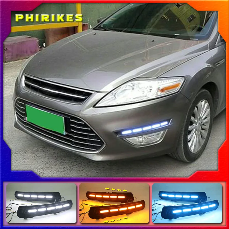 

Светодиодный для Ford Mondeo 2011 2012 2013 для дневных ходовых огней светильник DRL Противотуманные лампы 12V реле Дневной светильник с отложным воротником желтый сигнал