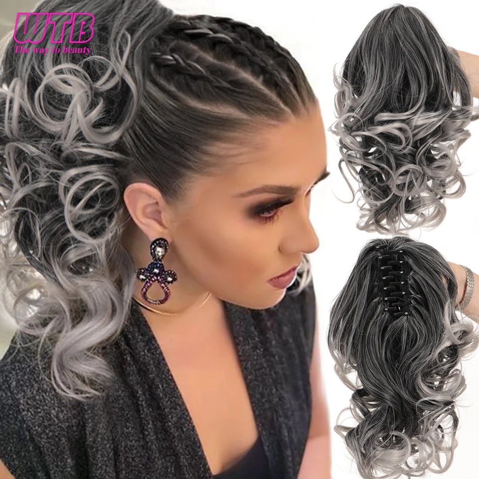 Short Wavy Synthetic Ponytail for Women Black Grey Ombre Claw Clip in Ponytail Hair Extensions Daily Use Party Fake Hairpieces