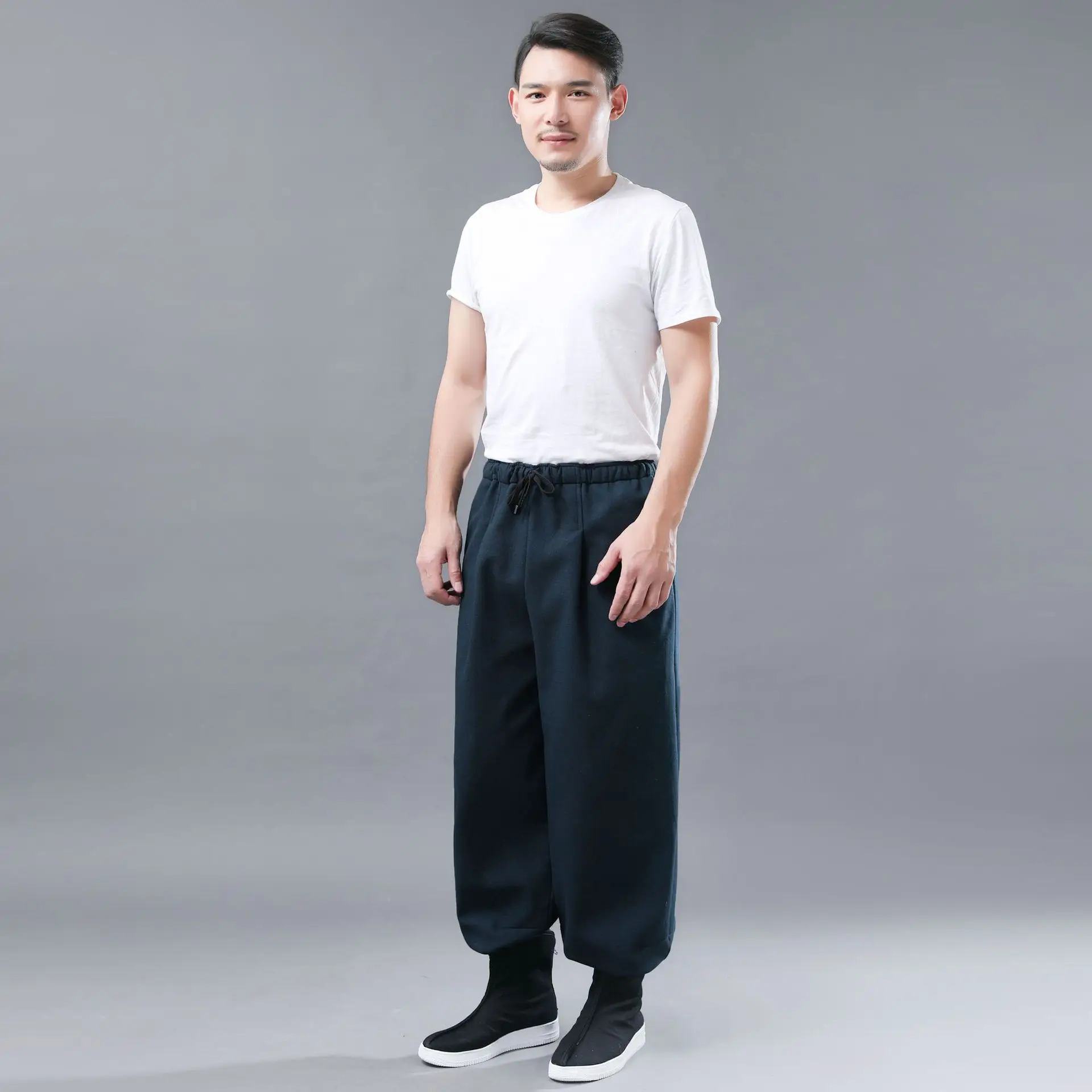 Winter New Style Machete Pants plus Velvet Flax MEN'S Casual Pants Leg Withdrawal Literature And Art-Style Solid Color Cott