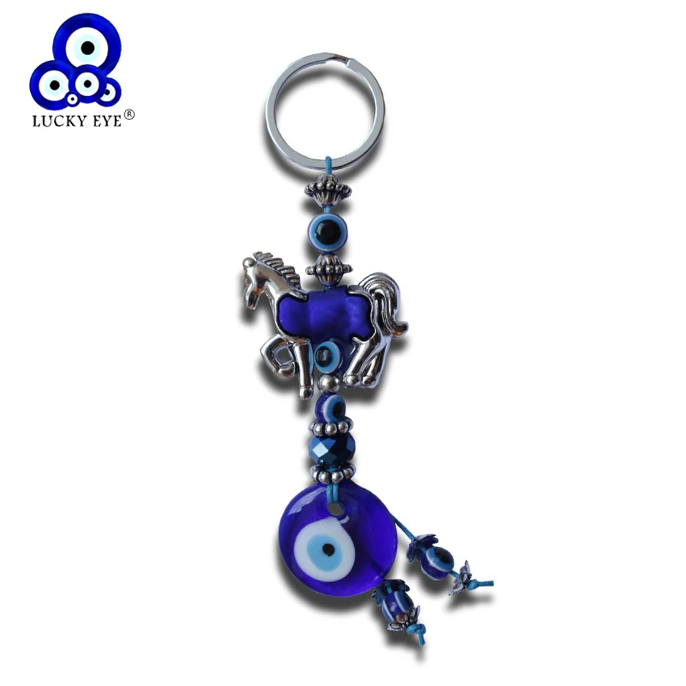

Lucky Eye Horse Charm Blue Evil Eye Keychain Alloy Silver Color Ring Car Keyring Key Chain Holder Jewelry for Women Men LE284
