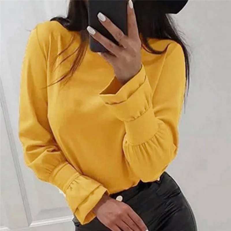 

Fashion Spring Autumn Shirts Elegant Womens Loose Blouse Petal Sleeve Round Neck Shirt Casual Top Solid Color Female Blusas