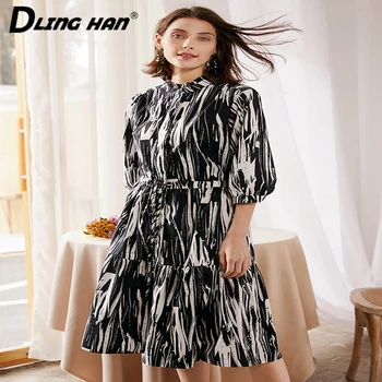 

LINGHAN Fashion abstract Print Cotton Loose Dress Women's Elegant Lace Up Puff Sleeve Vacation Dresses Designer Women's New