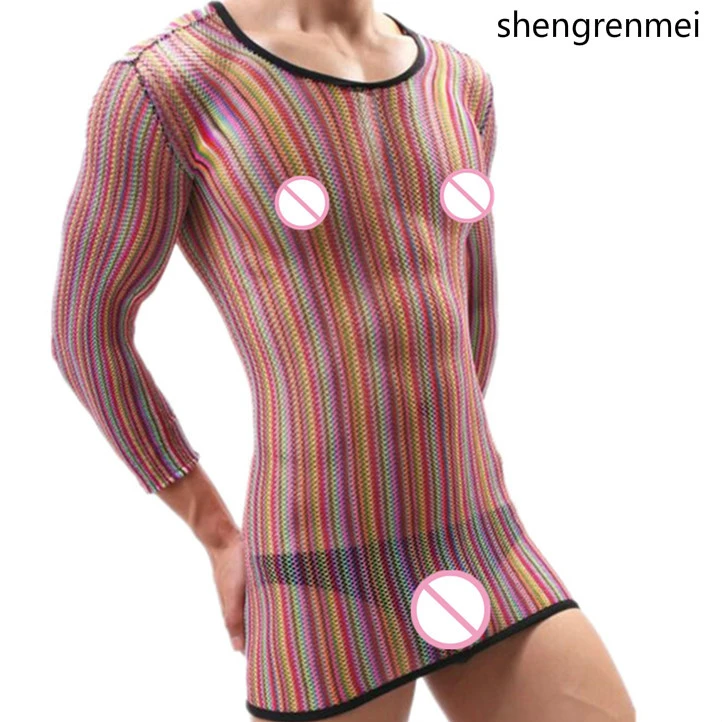 Shengrenmei Sexy Lingerie Gentleman Underwear Male Colorful Bodysuit Men Stripe Fishnet Clothing Man Sissy Long Sleeve Nightwear sexy teddy lingerie