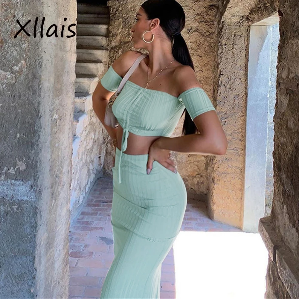 

XLLAIS 2019 Summer Ribbed Sexy Fashion Two Piece Set Solid Strapless Top And Long Skirt Women Set Party 2 Piece Set