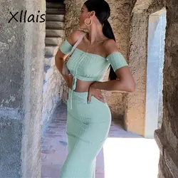XLLAIS/2019 летний модный комплект из двух предметов в рубчик, однотонный топ без бретелей и длинная юбка, Женский комплект, вечерние комплекты