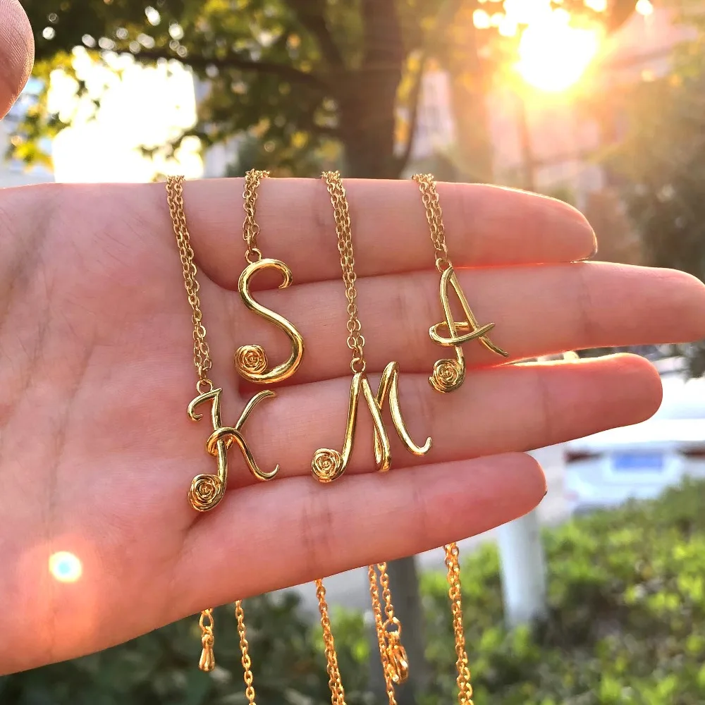 Rose Flower 26 Letters Initial Necklace 