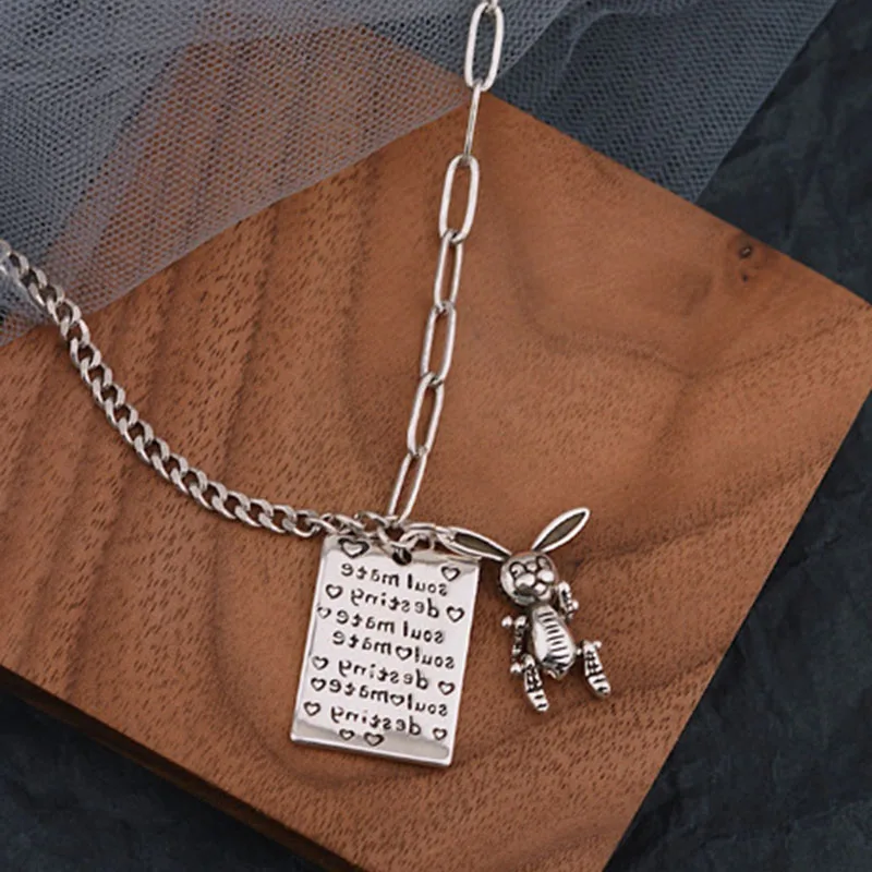 Mewanry 925 Sterling Silver Sweater Necklace for Women Party Creative Design Rabbit Square Card Jewelry Birthday Gifts Wholesale