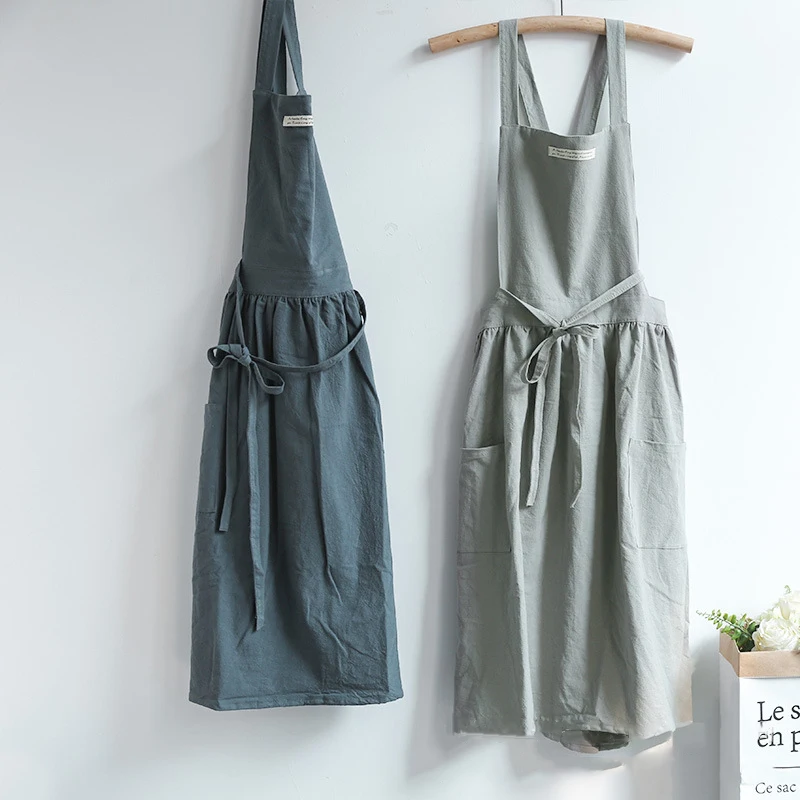 Lady Cotton Linen Bib Apron Sleeveless Pinafore Dress Cooking Cafe Florist Pink