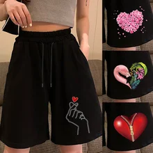 Short décontracté pour femmes, taille haute, élastique, ample, imprimé amour, jambes larges, pantalon court, pantalon de survêtement confortable, été