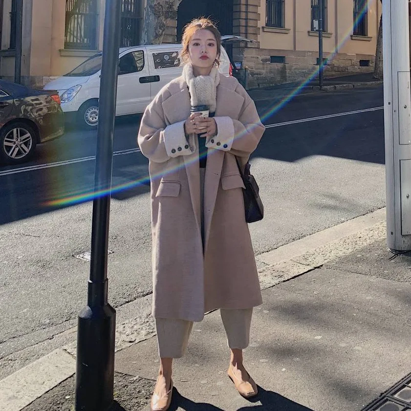 

Photo Shoot CHIC Elegant Wool Kaki Mid-length Suit Collar Single Breasted Cuff Contrast Colors Woolen Overcoat Women's Thick