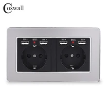 COSWALL бренд 2 банды Россия Испания стандарт ЕС настенная розетка с 4 USB порт зарядки скрытый мягкий светодиодный индикатор рамка из нержавеющей стали
