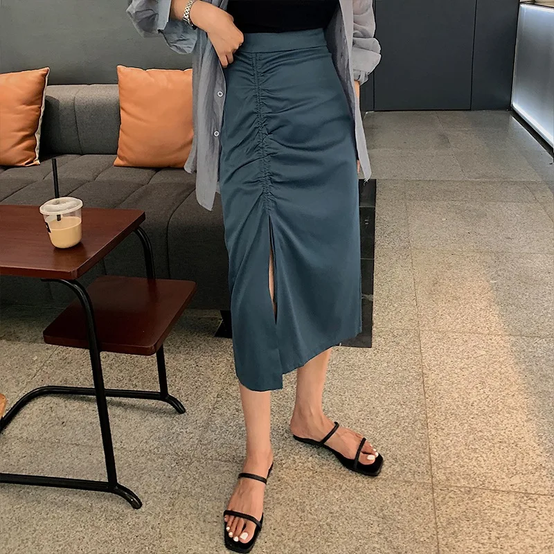 

Slit Skirt Women's Summer Drawstring Korean-style High-waisted Slimming Mid-length Irregular Black And White with Pattern Skirt
