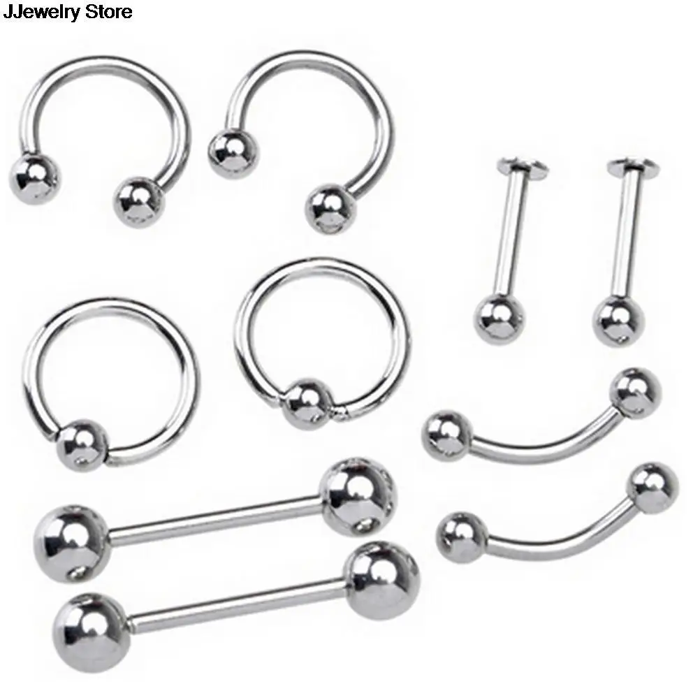10pcs Stainless Steel Curved Eyebrow Nose Lip Earrings Nipple Piercings