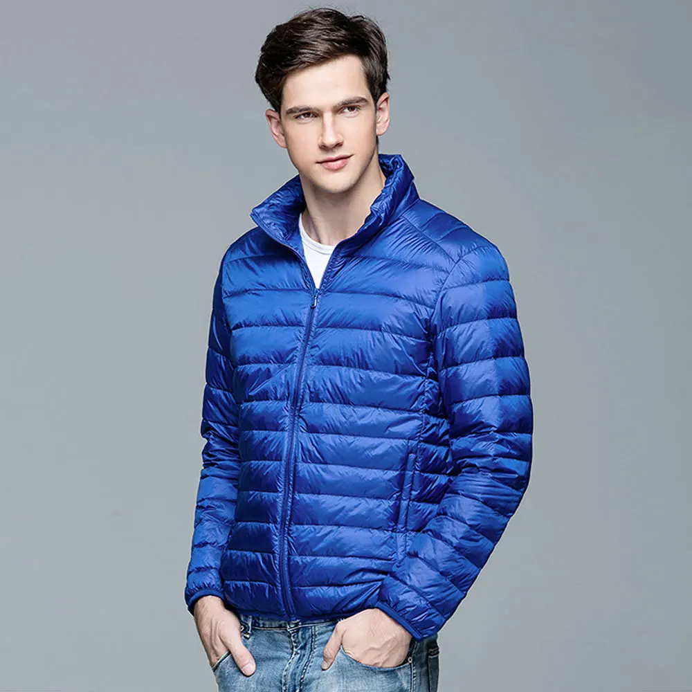 G011 Royal Повседневные брендовые зимние тонкие пальто мужские 90% белые пуховики мужские Ультра легкие пуховики зимнее пальто, парки с сумкой для переноски - Цвет: G011 Royal