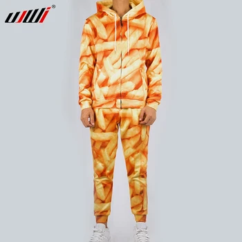 

UJWI 3d Men/Women Chips Casual Tracksuit French fries Streetwear Sweatshirt And Pants Yellow Zip Hoodie Pullovers Couple suit
