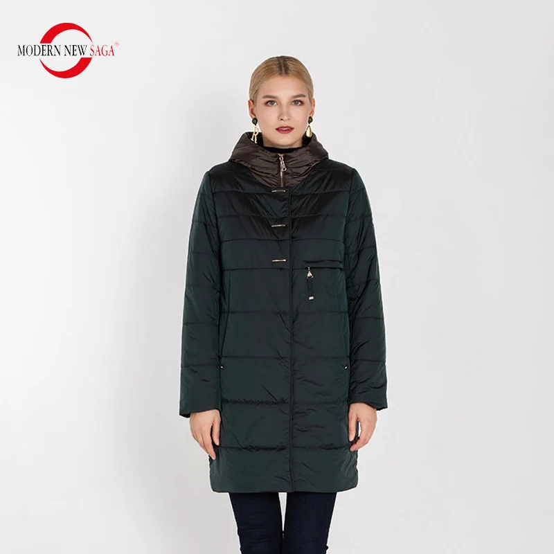 Green MODERN NEW SAGA Осеннее Женское Пальто Зимняя Длинная Куртка С Капюшоном Хлопковое Стеганое Пальто Парка Женская Осень Синтепон Куртка Теплая Женская Большой Размер Зимнее Женское Пальто 58-66 - Цвет: Green