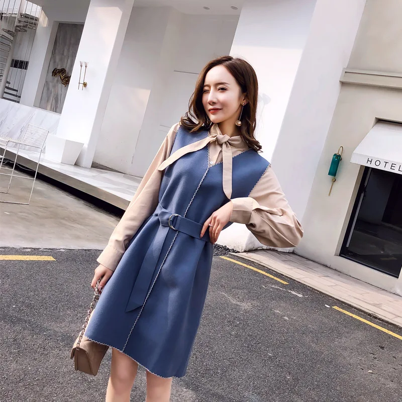 

Fat Mm Large Size Dress 2019 Spring New Style Elegant Shirt Sleeveless Woolen Hepburn-Style Two-Piece Dress Fashion