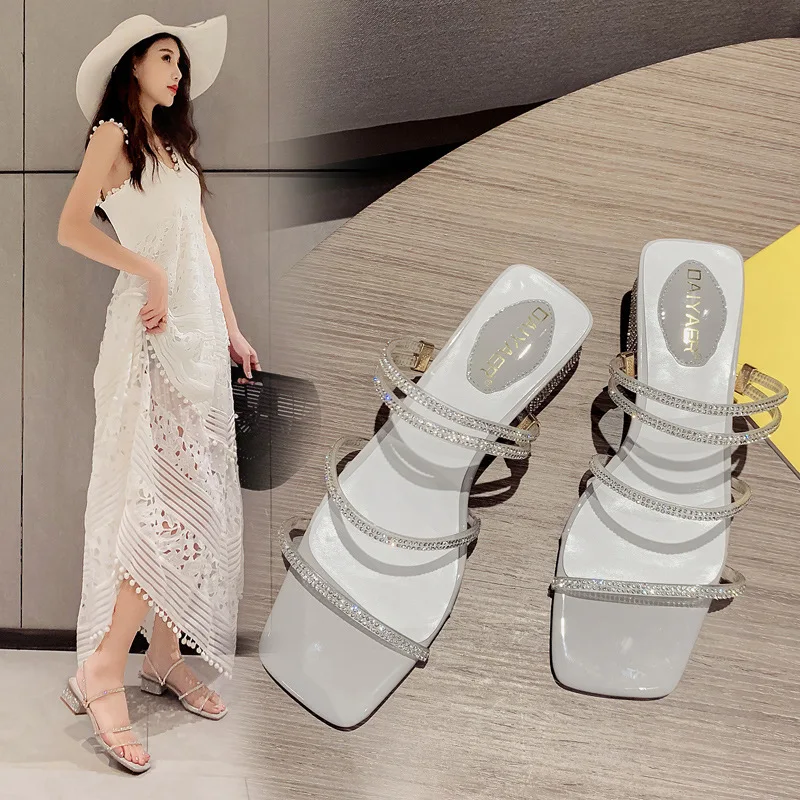 

2019 Summer Korean-style Man-made Diamond Square Head Square Root Semi-high Heeled Slipper Women's Fashion Network Red A- line S