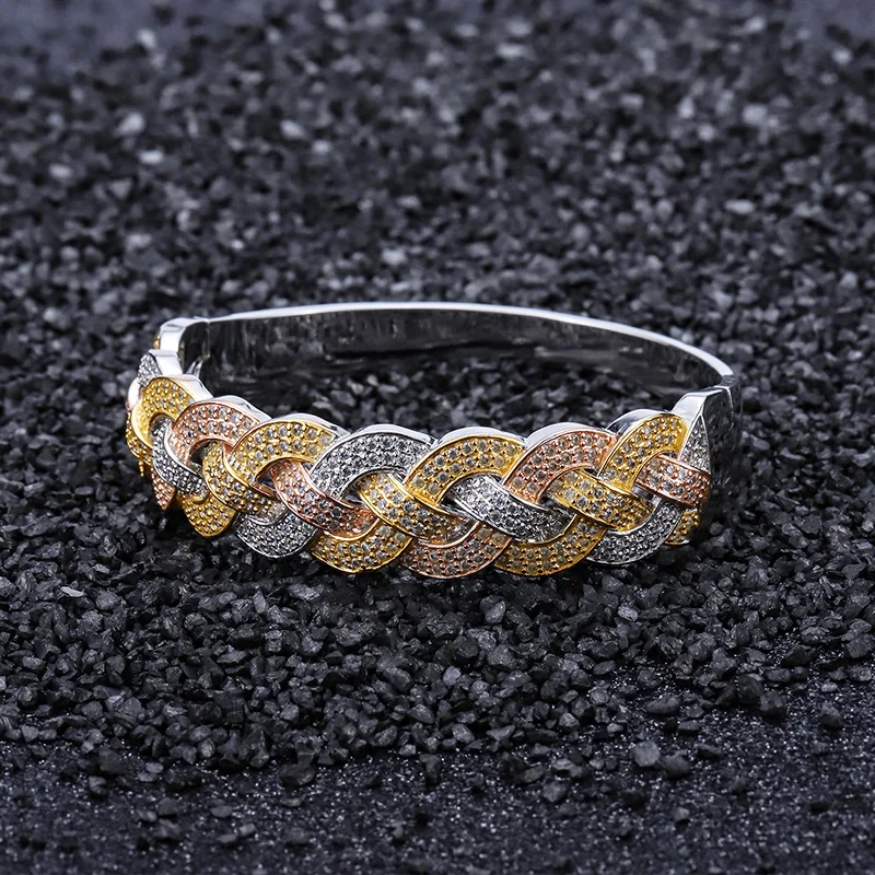 

New Arrived Men Hip Hop Weave Shape Bangle High Quality AAA Zircon Fashion Three Color Copper Bracelet Hiphop Women Jewelry gift