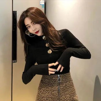 

Sweater sweetwear Slim thin sleeves olid color button top half high collar long sleeve bottoming shirt button slim knit sweater