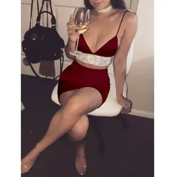 

Satin Silky 2pcs Sets Spaghetti Strap Sleeveless Set Women Sexy V Neck Sleeveless Bodycon Top Cocktail Party Club Mini Skirt