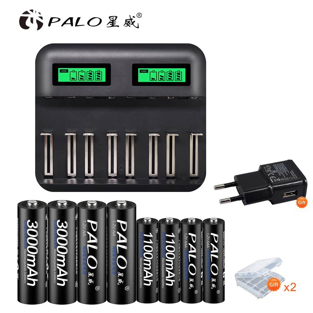 PALO ЖК-дисплей умный USB AA AAA зарядное устройство для AA AAA C D батарея+ 1,2 в Ni-MH 3000 мАч AA& 1100 мАч AAA аккумуляторная батарея