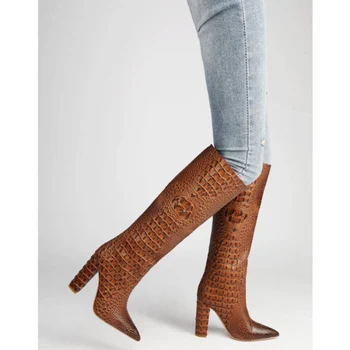 

Crocodile Embossed PU Knee-High Boots Women Pointed Toe Slip-On Super High Heels Shoes Women Luxury Fashion Zapatos De Mujer