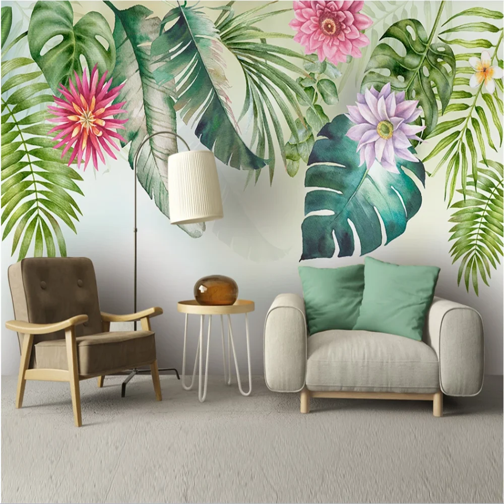 Custom wallpaper large wall painting Nordic simple small fresh green leaves watercolor style background wall wall covering