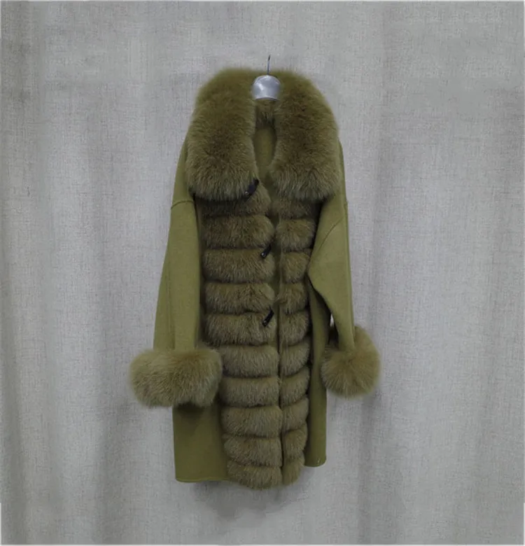 Новое зимнее женское длинное пальто из натурального Лисьего меха, ручная работа, шерстяная куртка, шаль с меховой отделкой, двусторонняя кашемировая накидка, шерстяное пальто