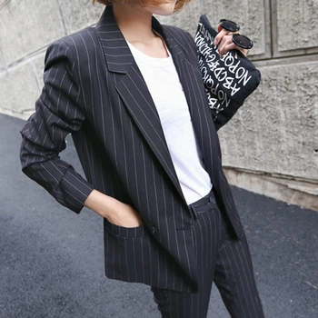 

Formal Black Striped Office Suit For Women Notched Korean Casual Balzer Feminino+Button Pencil Trousers Autumn 2 Piece Set