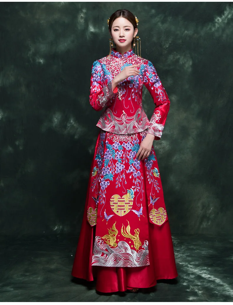 Chinese Traditional Wedding Dress Bride New Style Spring Summer Red Retro Chinese Style Marriage Slimming Dress for Toast