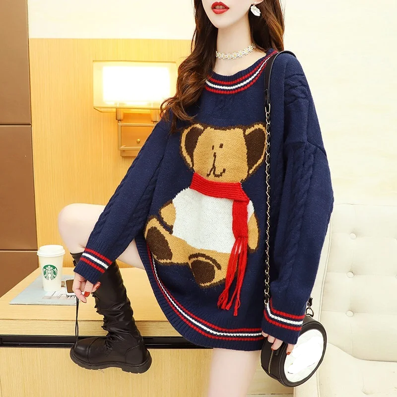 

Fall Spring Loose Women Sweater Cute Printing Knit Pullover O-Neck Casual Mohair Warm Lantern Long Sleeve Female
