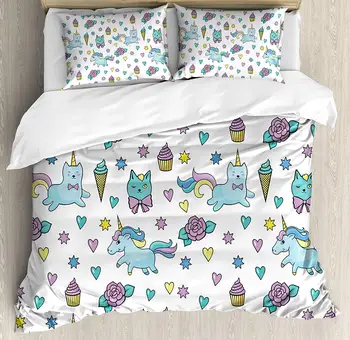 

Unicorn Cat Duvet Cover Set Girls Pattern with Hearts Stars Flowers Ice Cream Funny Decorative 3 Piece Bedding Set with 2 Pillow