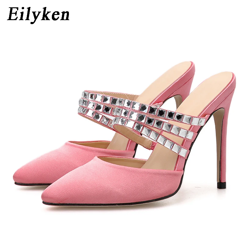 

Eilyken Women Heels Shoes Fashion Flock Pointed Toe Crystal Diamond Strap Slingback Slide Slippers Pumps Plus Size 35-41