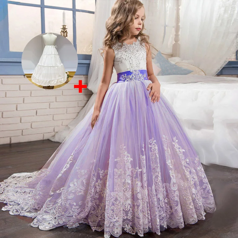 purple Кружевное платье с цветочным рисунком и длинным шлейфом; вечернее платье для девочек на свадьбу, День рождения; костюм принцессы для первого причастия; платье подружки невесты - Цвет: purple