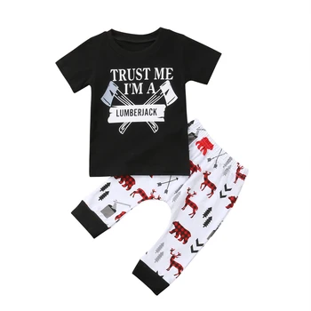 

2020 Brand New 0-24M Newborn Infant Baby Boy Summer Casual Sets 2PCS Short Sleeve Cartoon Axe Deer Black T-Shirts Tops+Pants