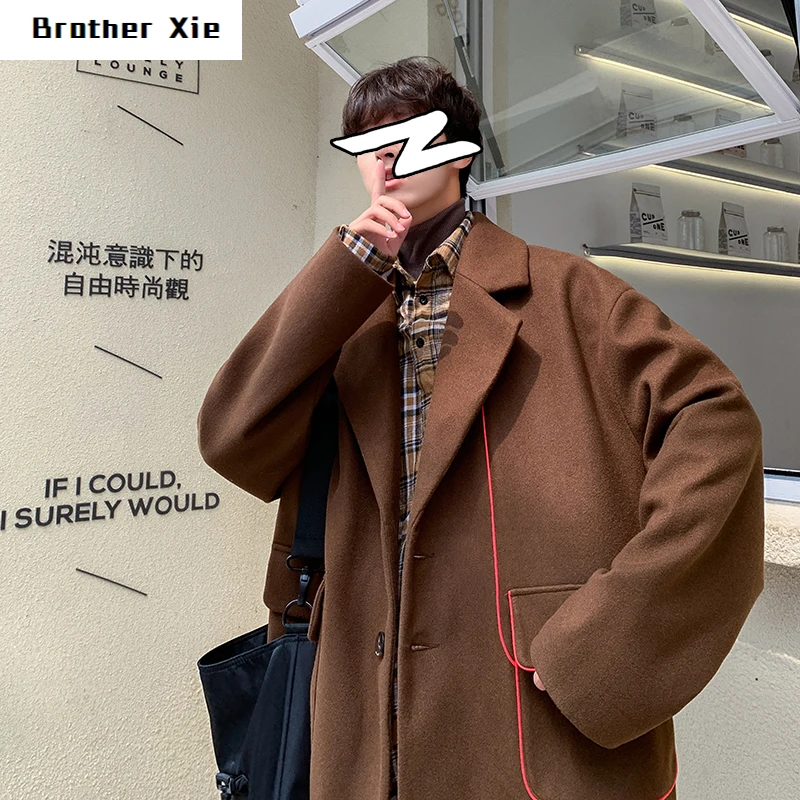 

Winter Thick Woolen Coat Men's Warm Fashion Solid Color Casual Woolen Jacket Man Streetwear Wild Loose British Wind Jacket Male