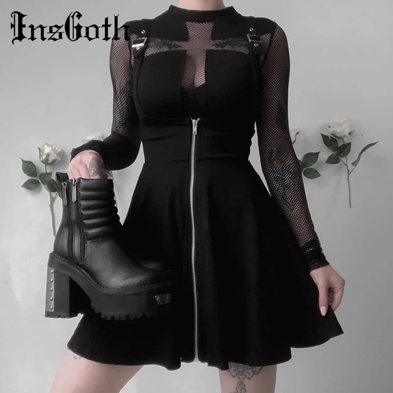 InsGoth женские плиссированные мини-юбки готический панк черная высокая юбка с тонкой талией уличная мода женские подтяжки юбки комбинезоны